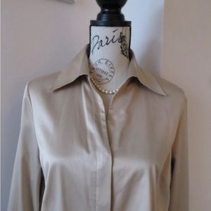 Vintage Beige Silky Sateen Blouse With Long Sleeves